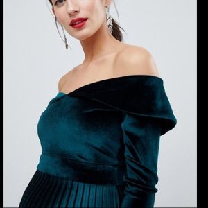 velvet bardot midi dress